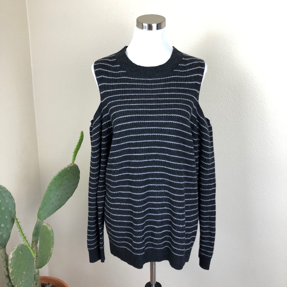 •LUCKY BRAND• Gray Striped Cold Shoulder Sweater - Picture 2 of 8